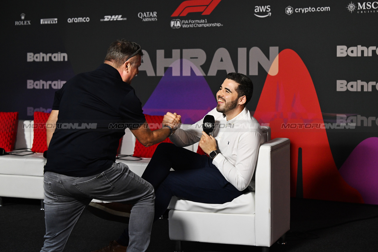 GP BAHRAIN, (L to R): David Croft (GBR) Sky Sports F1 Commentator with Harry Benjamin (GBR) Sky Sports F1 Commentator in the FIA Press Conference.

28.02.2024. Formula 1 World Championship, Rd 1, Bahrain Grand Prix, Sakhir, Bahrain, Preparation Day.

- www.xpbimages.com, EMail: requests@xpbimages.com © Copyright: XPB Images