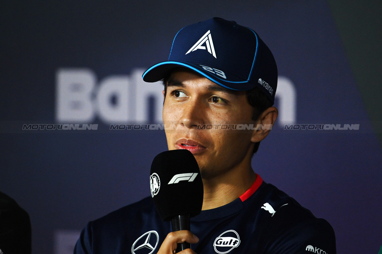 GP BAHRAIN, Alexander Albon (THA) Williams Racing in the FIA Press Conference.

28.02.2024. Formula 1 World Championship, Rd 1, Bahrain Grand Prix, Sakhir, Bahrain, Preparation Day.

- www.xpbimages.com, EMail: requests@xpbimages.com © Copyright: XPB Images