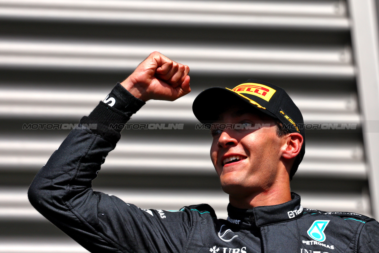 GP BELGIO, Gara winner George Russell (GBR) Mercedes AMG F1 celebrates on the podium.

28.07.2024. Formula 1 World Championship, Rd 14, Belgian Grand Prix, Spa Francorchamps, Belgium, Gara Day.

- www.xpbimages.com, EMail: requests@xpbimages.com © Copyright: Charniaux / XPB Images