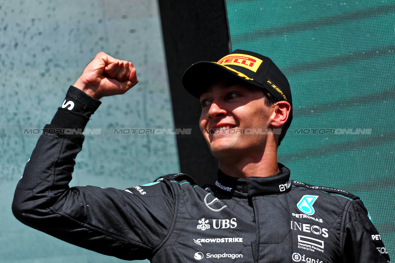 GP BELGIO, Gara winner George Russell (GBR) Mercedes AMG F1 celebrates on the podium.

28.07.2024. Formula 1 World Championship, Rd 14, Belgian Grand Prix, Spa Francorchamps, Belgium, Gara Day.

- www.xpbimages.com, EMail: requests@xpbimages.com © Copyright: Charniaux / XPB Images