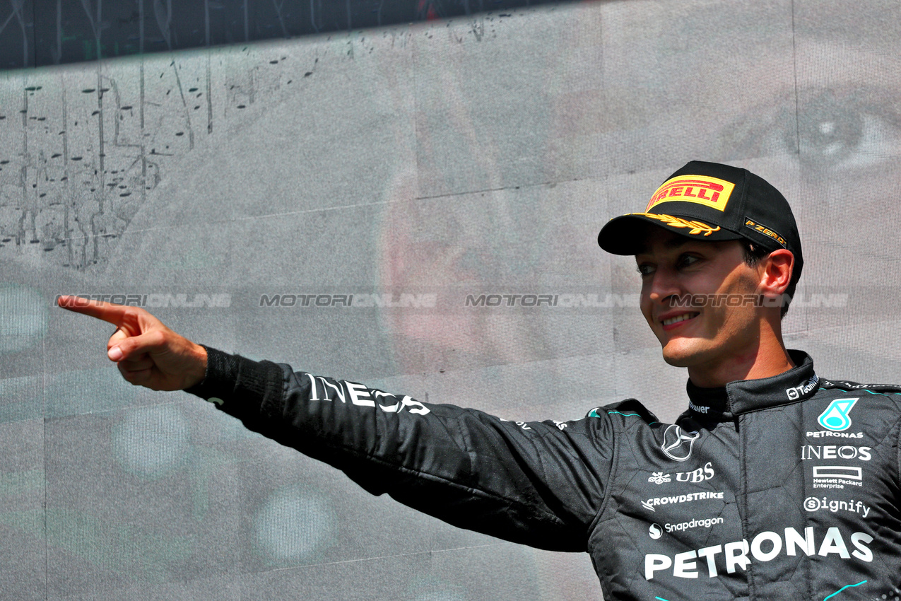 GP BELGIO, Gara winner George Russell (GBR) Mercedes AMG F1 celebrates on the podium.

28.07.2024. Formula 1 World Championship, Rd 14, Belgian Grand Prix, Spa Francorchamps, Belgium, Gara Day.

- www.xpbimages.com, EMail: requests@xpbimages.com © Copyright: Charniaux / XPB Images