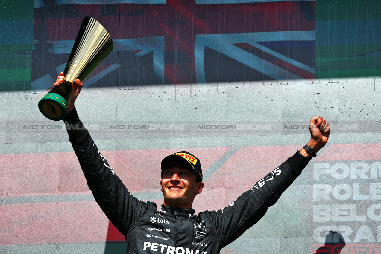 GP BELGIO, Gara winner George Russell (GBR) Mercedes AMG F1 celebrates on the podium.

28.07.2024. Formula 1 World Championship, Rd 14, Belgian Grand Prix, Spa Francorchamps, Belgium, Gara Day.

- www.xpbimages.com, EMail: requests@xpbimages.com © Copyright: Charniaux / XPB Images