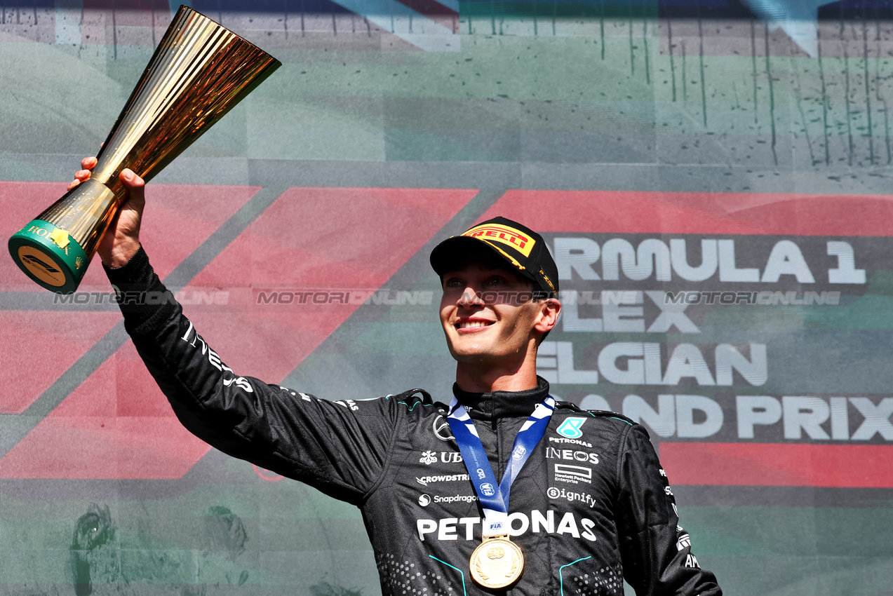 GP BELGIO, Gara winner George Russell (GBR) Mercedes AMG F1 celebrates on the podium.

28.07.2024. Formula 1 World Championship, Rd 14, Belgian Grand Prix, Spa Francorchamps, Belgium, Gara Day.

- www.xpbimages.com, EMail: requests@xpbimages.com © Copyright: Moy / XPB Images