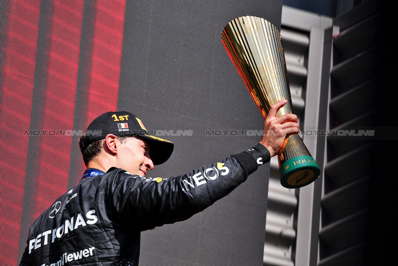 GP BELGIO, Gara winner George Russell (GBR) Mercedes AMG F1 celebrates on the podium.

28.07.2024. Formula 1 World Championship, Rd 14, Belgian Grand Prix, Spa Francorchamps, Belgium, Gara Day.

- www.xpbimages.com, EMail: requests@xpbimages.com © Copyright: Moy / XPB Images