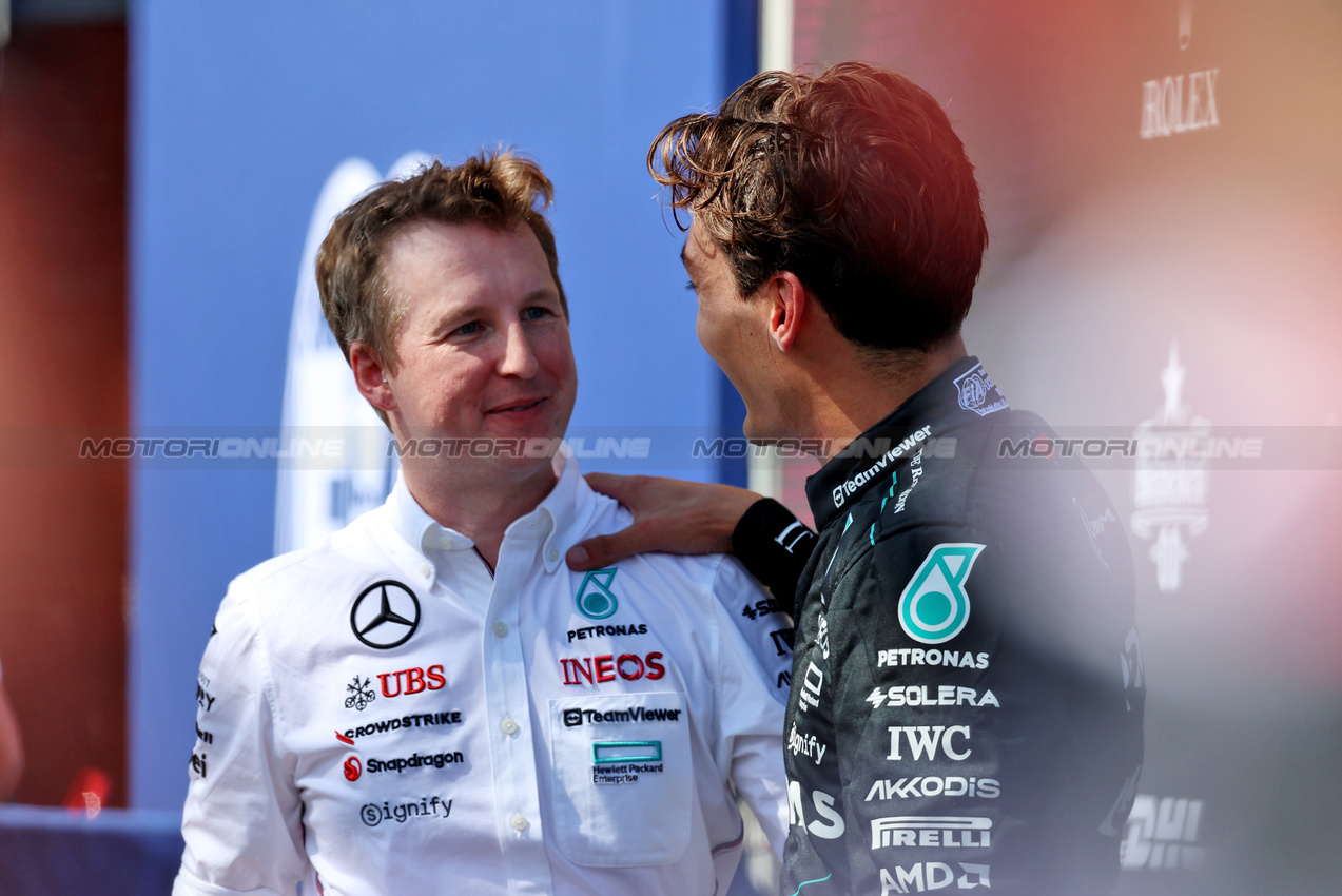 GP BELGIO, Gara winner George Russell (GBR) Mercedes AMG F1 in parc ferme with Joey McMillan (GBR) Mercedes AMG F1 Lead Gara Strategist.

28.07.2024. Formula 1 World Championship, Rd 14, Belgian Grand Prix, Spa Francorchamps, Belgium, Gara Day.

- www.xpbimages.com, EMail: requests@xpbimages.com © Copyright: Rew / XPB Images