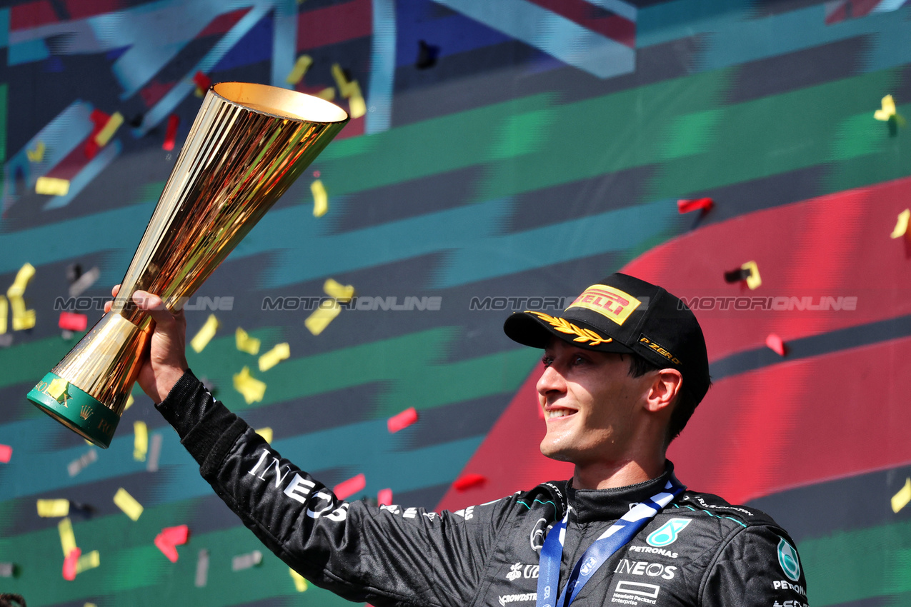 GP BELGIO, Gara winner George Russell (GBR) Mercedes AMG F1 celebrates on the podium.

28.07.2024. Formula 1 World Championship, Rd 14, Belgian Grand Prix, Spa Francorchamps, Belgium, Gara Day.

- www.xpbimages.com, EMail: requests@xpbimages.com © Copyright: Rew / XPB Images