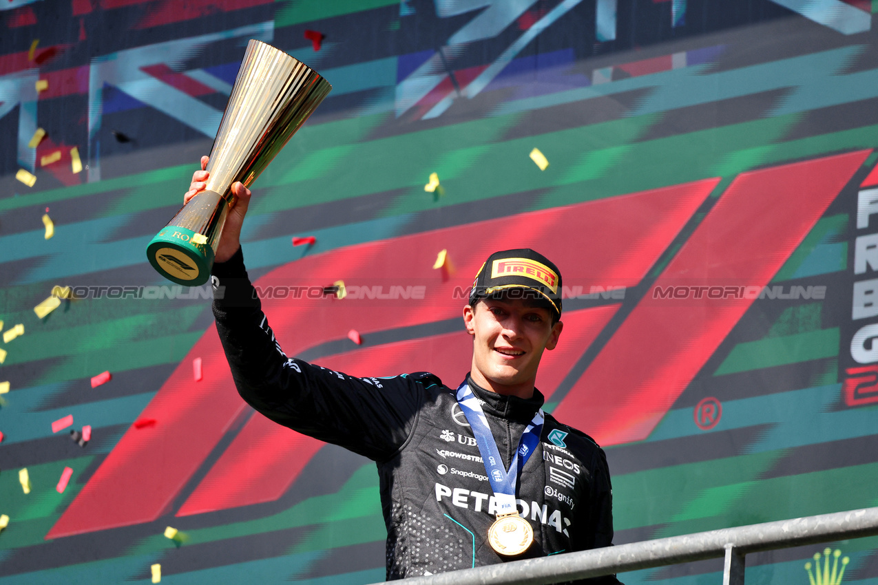 GP BELGIO, Gara winner George Russell (GBR) Mercedes AMG F1 celebrates on the podium.

28.07.2024. Formula 1 World Championship, Rd 14, Belgian Grand Prix, Spa Francorchamps, Belgium, Gara Day.

- www.xpbimages.com, EMail: requests@xpbimages.com © Copyright: Rew / XPB Images