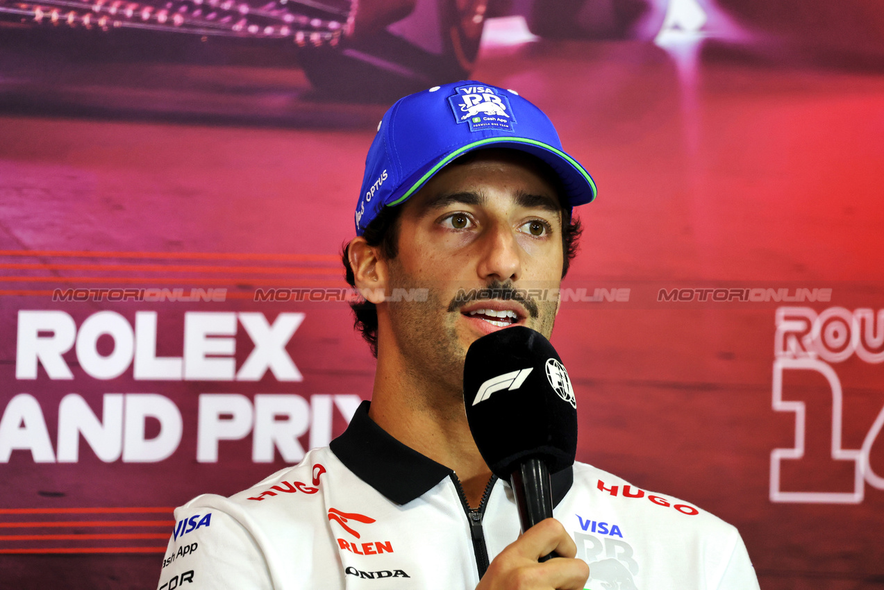 GP BELGIO, Daniel Ricciardo (AUS) RB in the FIA Press Conference.

25.07.2024. Formula 1 World Championship, Rd 14, Belgian Grand Prix, Spa Francorchamps, Belgium, Preparation Day.

- www.xpbimages.com, EMail: requests@xpbimages.com © Copyright: Bearne / XPB Images