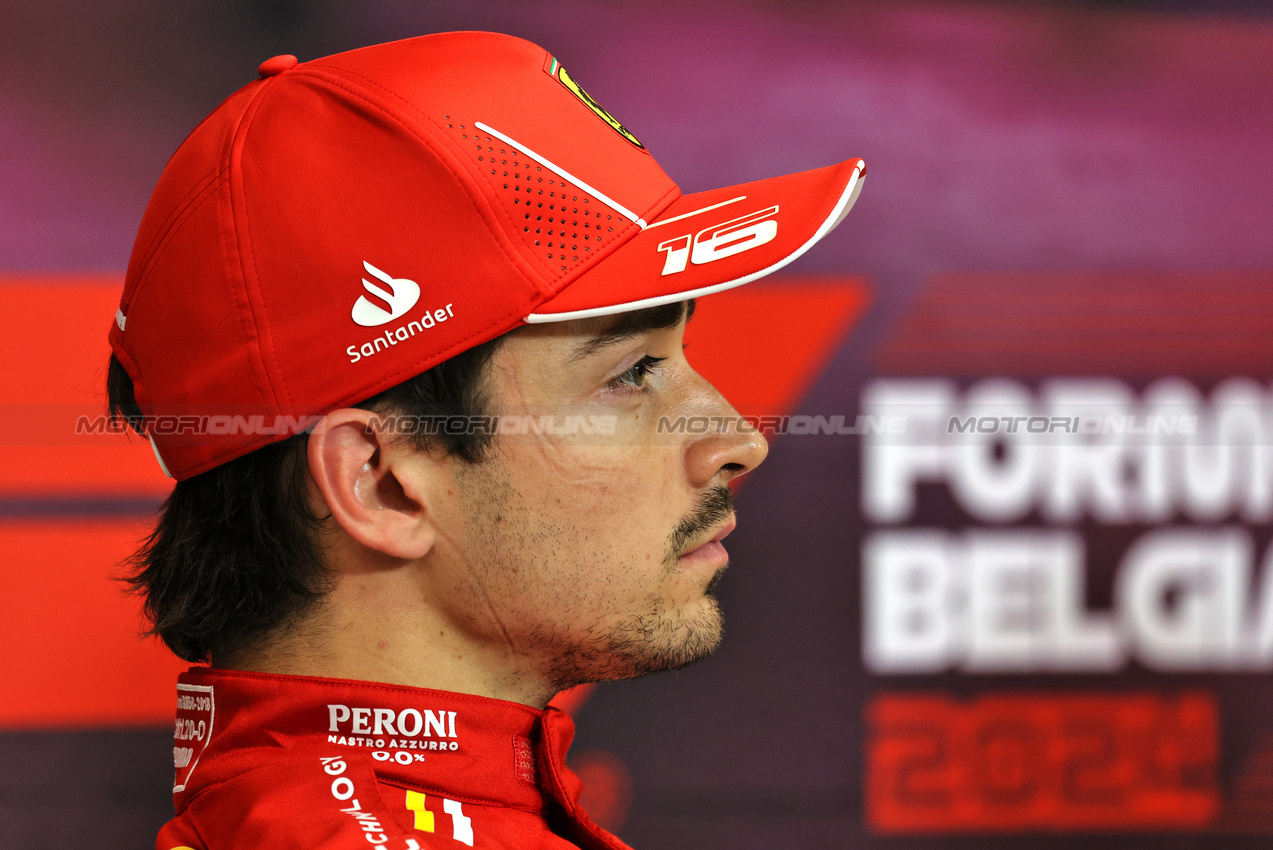 GP BELGIO, Charles Leclerc (MON) Ferrari in the post qualifying FIA Press Conference.

27.07.2024. Formula 1 World Championship, Rd 14, Belgian Grand Prix, Spa Francorchamps, Belgium, Qualifiche Day.

- www.xpbimages.com, EMail: requests@xpbimages.com © Copyright: Rew / XPB Images