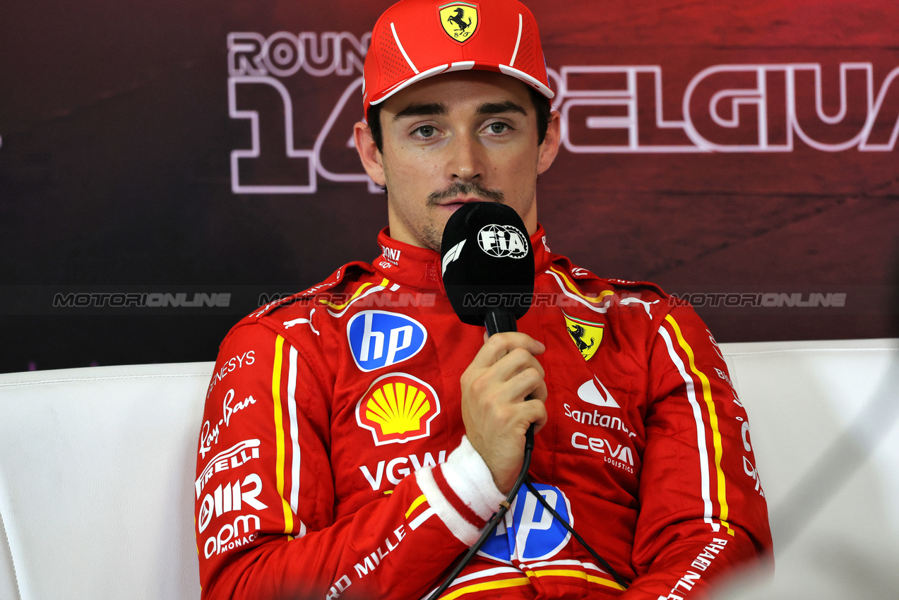 GP BELGIO, Charles Leclerc (MON) Ferrari in the post qualifying FIA Press Conference.

27.07.2024. Formula 1 World Championship, Rd 14, Belgian Grand Prix, Spa Francorchamps, Belgium, Qualifiche Day.

- www.xpbimages.com, EMail: requests@xpbimages.com © Copyright: Rew / XPB Images