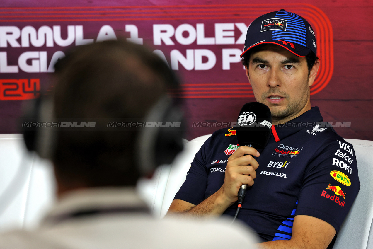 GP BELGIO, Sergio Perez (MEX) Red Bull Racing in the post qualifying FIA Press Conference.

27.07.2024. Formula 1 World Championship, Rd 14, Belgian Grand Prix, Spa Francorchamps, Belgium, Qualifiche Day.

- www.xpbimages.com, EMail: requests@xpbimages.com © Copyright: Rew / XPB Images