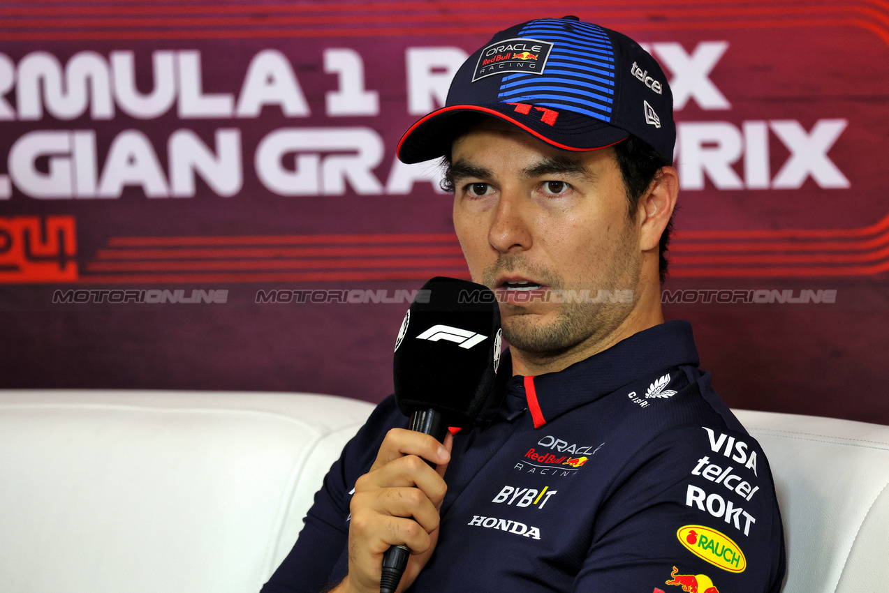 GP BELGIO, Sergio Perez (MEX) Red Bull Racing in the post qualifying FIA Press Conference.

27.07.2024. Formula 1 World Championship, Rd 14, Belgian Grand Prix, Spa Francorchamps, Belgium, Qualifiche Day.

- www.xpbimages.com, EMail: requests@xpbimages.com © Copyright: Rew / XPB Images