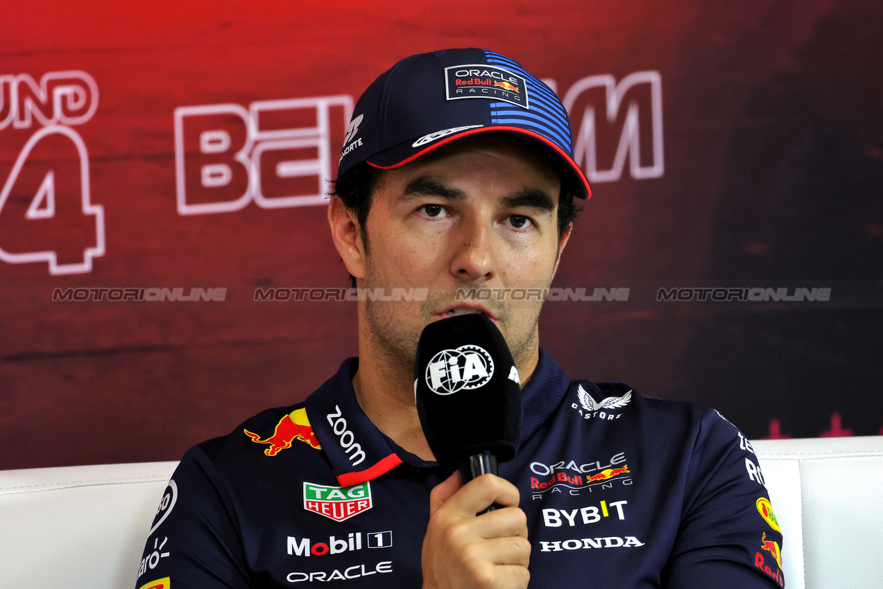 GP BELGIO, Sergio Perez (MEX) Red Bull Racing in the post qualifying FIA Press Conference.

27.07.2024. Formula 1 World Championship, Rd 14, Belgian Grand Prix, Spa Francorchamps, Belgium, Qualifiche Day.

- www.xpbimages.com, EMail: requests@xpbimages.com © Copyright: Rew / XPB Images