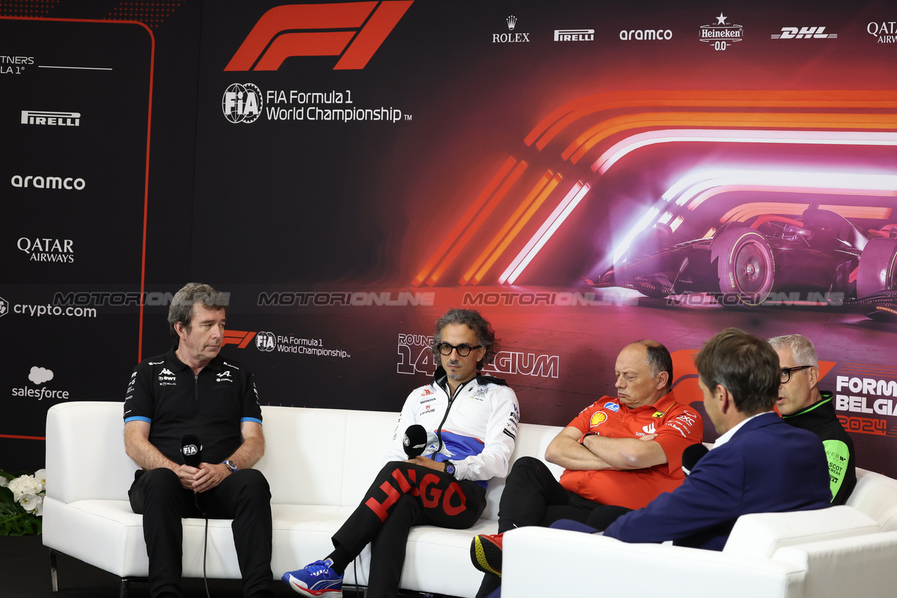 GP BELGIO, (L to R): Bruno Famin (FRA) Alpine Motorsports Vice President e Alpine F1 Team Team Principal; Laurent Mekies (FRA) RB Technical Director; Frederic Vasseur (FRA) Ferrari Team Principal; e Alessandro Alunni Bravi (ITA) Sauber Managing Director e Team Representative, in the FIA Press Conference.

26.07.2024. Formula 1 World Championship, Rd 14, Belgian Grand Prix, Spa Francorchamps, Belgium, Practice Day.

- www.xpbimages.com, EMail: requests@xpbimages.com © Copyright: Bearne / XPB Images