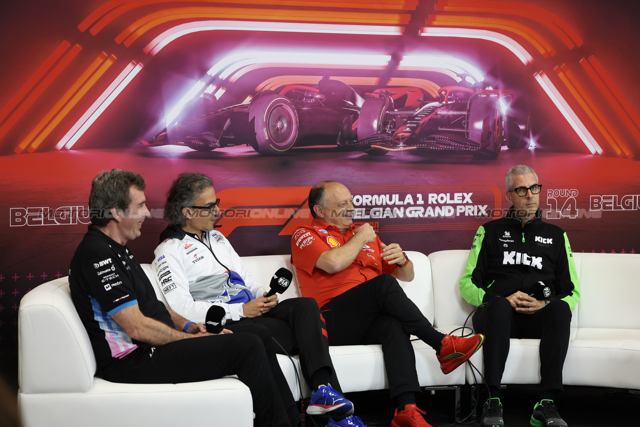 GP BELGIO, (L to R): Bruno Famin (FRA) Alpine Motorsports Vice President e Alpine F1 Team Team Principal; Laurent Mekies (FRA) RB Technical Director; Frederic Vasseur (FRA) Ferrari Team Principal; e Alessandro Alunni Bravi (ITA) Sauber Managing Director e Team Representative, in the FIA Press Conference.

26.07.2024. Formula 1 World Championship, Rd 14, Belgian Grand Prix, Spa Francorchamps, Belgium, Practice Day.

- www.xpbimages.com, EMail: requests@xpbimages.com © Copyright: Bearne / XPB Images