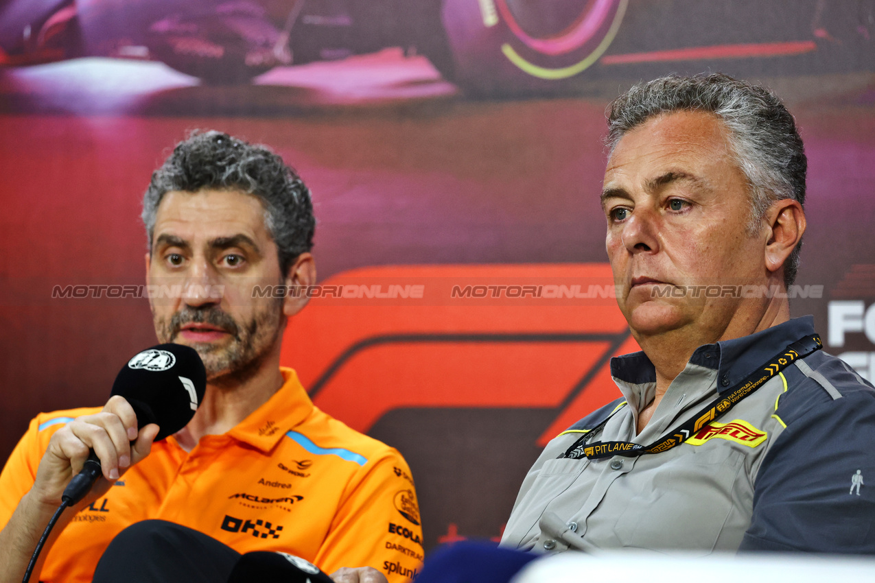 GP BRASILE, Mario Isola (ITA) Pirelli Racing Manager e Andrea Stella (ITA) McLaren Team Principal in the FIA Press Conference.

01.11.2024. Formula 1 World Championship, Rd 21, Brazilian Grand Prix, Sao Paulo, Brazil, Sprint Qualifiche Day.

- www.xpbimages.com, EMail: requests@xpbimages.com © Copyright: Charniaux / XPB Images