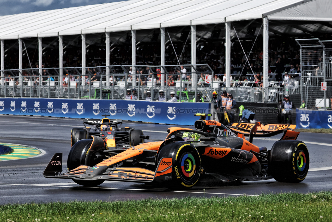 GP CANADA, Lando Norris (GBR) McLaren MCL38 leaves the pits ahead of Max Verstappen (NLD) Red Bull Racing RB20.

09.06.2024. Formula 1 World Championship, Rd 9, Canadian Grand Prix, Montreal, Canada, Gara Day.

- www.xpbimages.com, EMail: requests@xpbimages.com © Copyright: Bearne / XPB Images