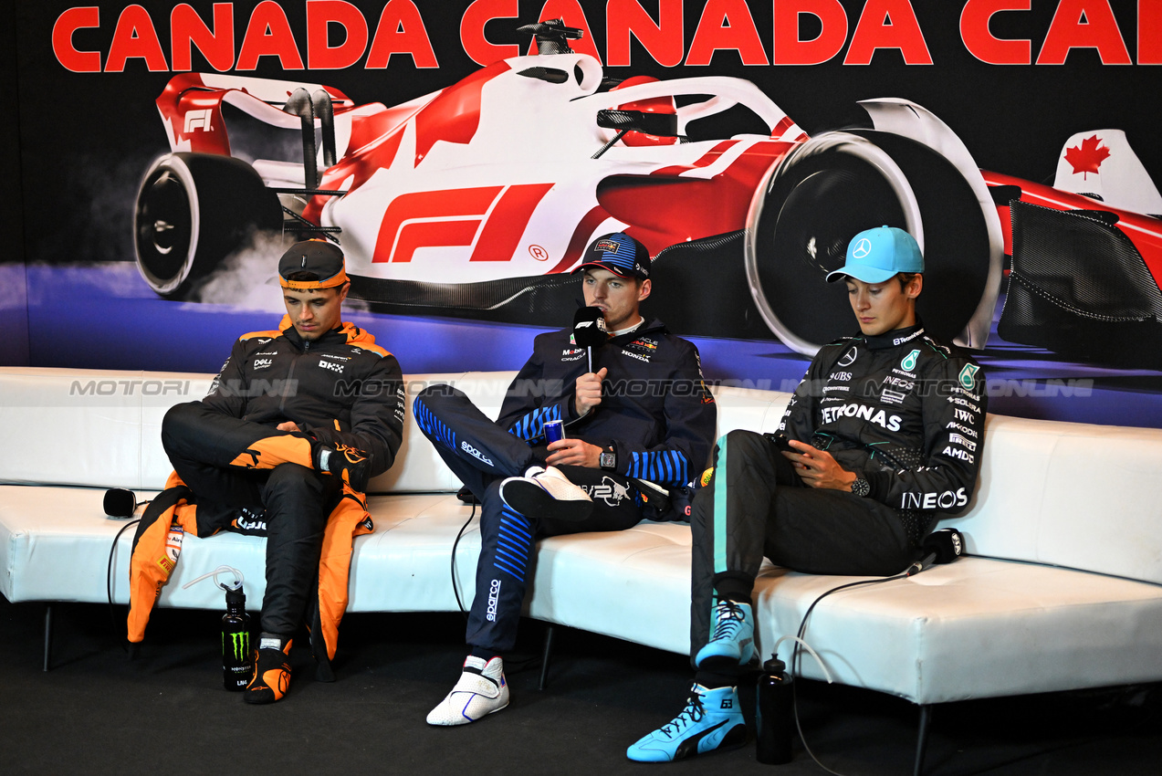 GP CANADA, (L to R): Lando Norris (GBR) McLaren; Max Verstappen (NLD) Red Bull Racing; e George Russell (GBR) Mercedes AMG F1, in the post race FIA Press Conference.

09.06.2024. Formula 1 World Championship, Rd 9, Canadian Grand Prix, Montreal, Canada, Gara Day.

- www.xpbimages.com, EMail: requests@xpbimages.com © Copyright: Price / XPB Images