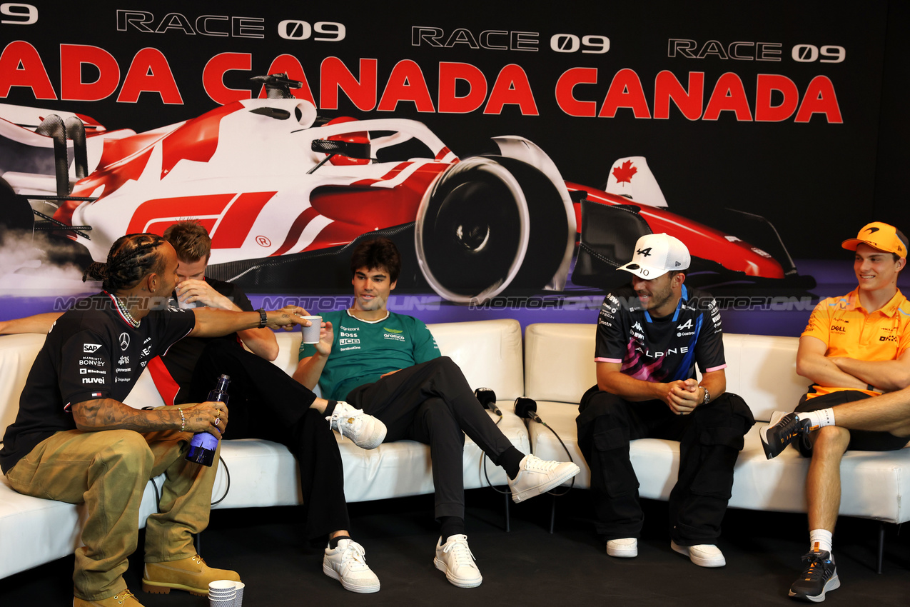 GP CANADA, (L to R): Lewis Hamilton (GBR) Mercedes AMG F1; Nico Hulkenberg (GER) Haas F1 Team; Lance Stroll (CDN) Aston Martin F1 Team; Pierre Gasly (FRA) Alpine F1 Team; e Esteban Ocon (FRA) Alpine F1 Team, in the FIA Press Conference.

06.06.2024. Formula 1 World Championship, Rd 9, Canadian Grand Prix, Montreal, Canada, Preparation Day.

- www.xpbimages.com, EMail: requests@xpbimages.com © Copyright: Bearne / XPB Images