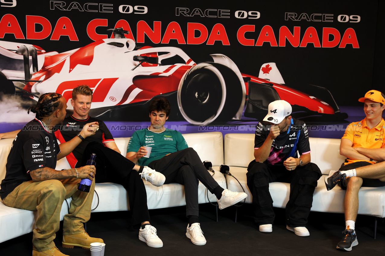 GP CANADA, (L to R): Lewis Hamilton (GBR) Mercedes AMG F1; Nico Hulkenberg (GER) Haas F1 Team; Lance Stroll (CDN) Aston Martin F1 Team; Pierre Gasly (FRA) Alpine F1 Team; e Esteban Ocon (FRA) Alpine F1 Team, in the FIA Press Conference.

06.06.2024. Formula 1 World Championship, Rd 9, Canadian Grand Prix, Montreal, Canada, Preparation Day.

- www.xpbimages.com, EMail: requests@xpbimages.com © Copyright: Bearne / XPB Images