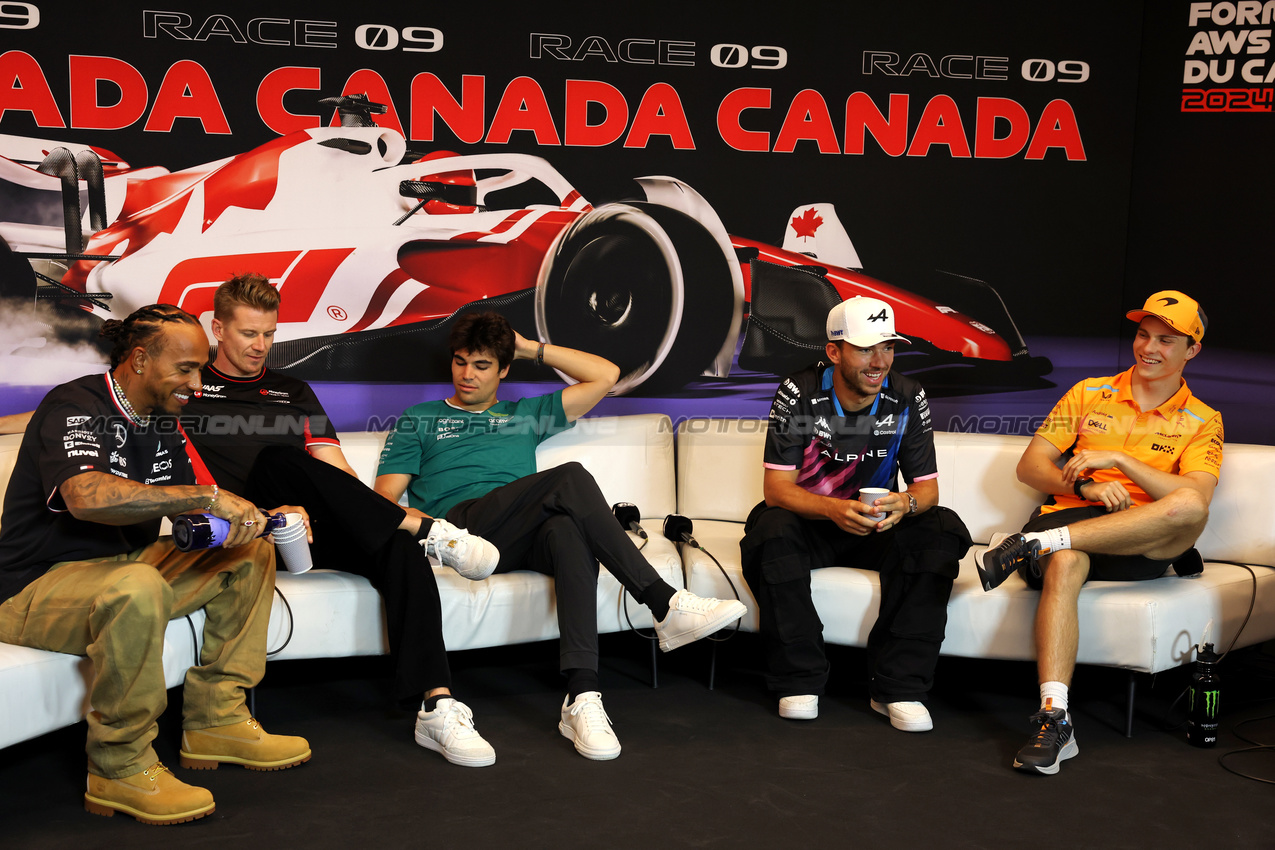 GP CANADA, (L to R): Lewis Hamilton (GBR) Mercedes AMG F1; Nico Hulkenberg (GER) Haas F1 Team; Lance Stroll (CDN) Aston Martin F1 Team; Pierre Gasly (FRA) Alpine F1 Team; e Esteban Ocon (FRA) Alpine F1 Team, in the FIA Press Conference.

06.06.2024. Formula 1 World Championship, Rd 9, Canadian Grand Prix, Montreal, Canada, Preparation Day.

- www.xpbimages.com, EMail: requests@xpbimages.com © Copyright: Bearne / XPB Images