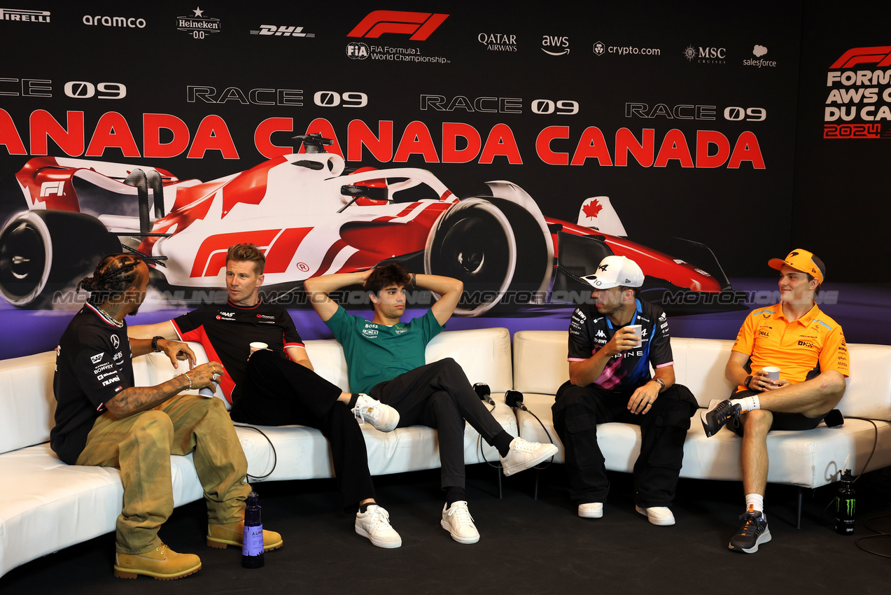 GP CANADA, (L to R): Lewis Hamilton (GBR) Mercedes AMG F1; Nico Hulkenberg (GER) Haas F1 Team; Lance Stroll (CDN) Aston Martin F1 Team; Pierre Gasly (FRA) Alpine F1 Team; e Esteban Ocon (FRA) Alpine F1 Team, in the FIA Press Conference.

06.06.2024. Formula 1 World Championship, Rd 9, Canadian Grand Prix, Montreal, Canada, Preparation Day.

- www.xpbimages.com, EMail: requests@xpbimages.com © Copyright: Bearne / XPB Images
