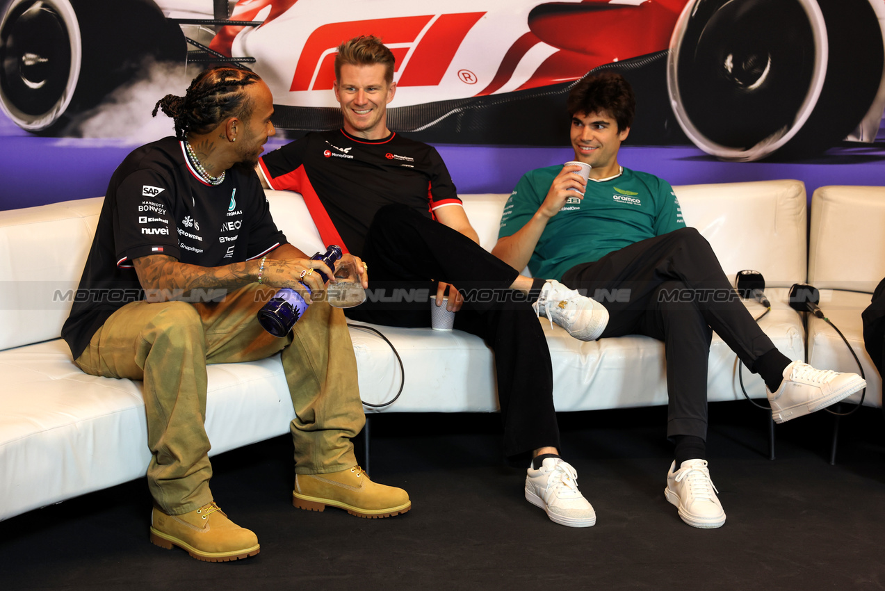 GP CANADA, (L to R): Lewis Hamilton (GBR) Mercedes AMG F1; Nico Hulkenberg (GER) Haas F1 Team; e Lance Stroll (CDN) Aston Martin F1 Team, in the FIA Press Conference.

06.06.2024. Formula 1 World Championship, Rd 9, Canadian Grand Prix, Montreal, Canada, Preparation Day.

- www.xpbimages.com, EMail: requests@xpbimages.com © Copyright: Bearne / XPB Images