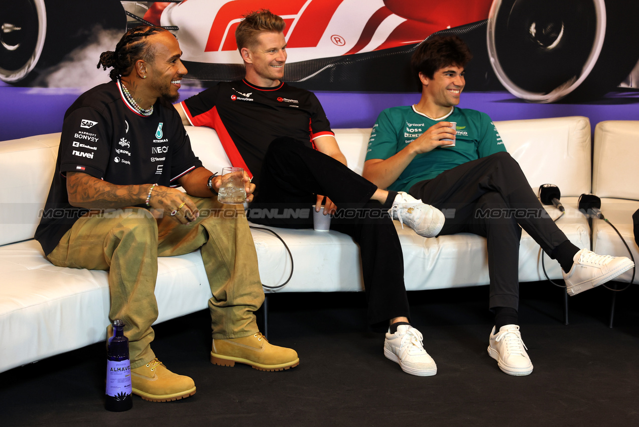 GP CANADA, (L to R): Lewis Hamilton (GBR) Mercedes AMG F1; Nico Hulkenberg (GER) Haas F1 Team; e Lance Stroll (CDN) Aston Martin F1 Team, in the FIA Press Conference.

06.06.2024. Formula 1 World Championship, Rd 9, Canadian Grand Prix, Montreal, Canada, Preparation Day.

- www.xpbimages.com, EMail: requests@xpbimages.com © Copyright: Bearne / XPB Images