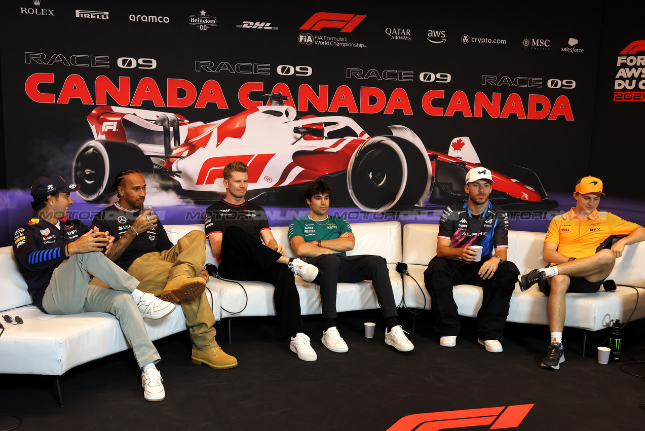 GP CANADA, (L to R): Sergio Perez (MEX) Red Bull Racing; Lewis Hamilton (GBR) Mercedes AMG F1; Nico Hulkenberg (GER) Haas F1 Team; Lance Stroll (CDN) Aston Martin F1 Team; Pierre Gasly (FRA) Alpine F1 Team; e Esteban Ocon (FRA) Alpine F1 Team, in the FIA Press Conference.

06.06.2024. Formula 1 World Championship, Rd 9, Canadian Grand Prix, Montreal, Canada, Preparation Day.

- www.xpbimages.com, EMail: requests@xpbimages.com © Copyright: Bearne / XPB Images