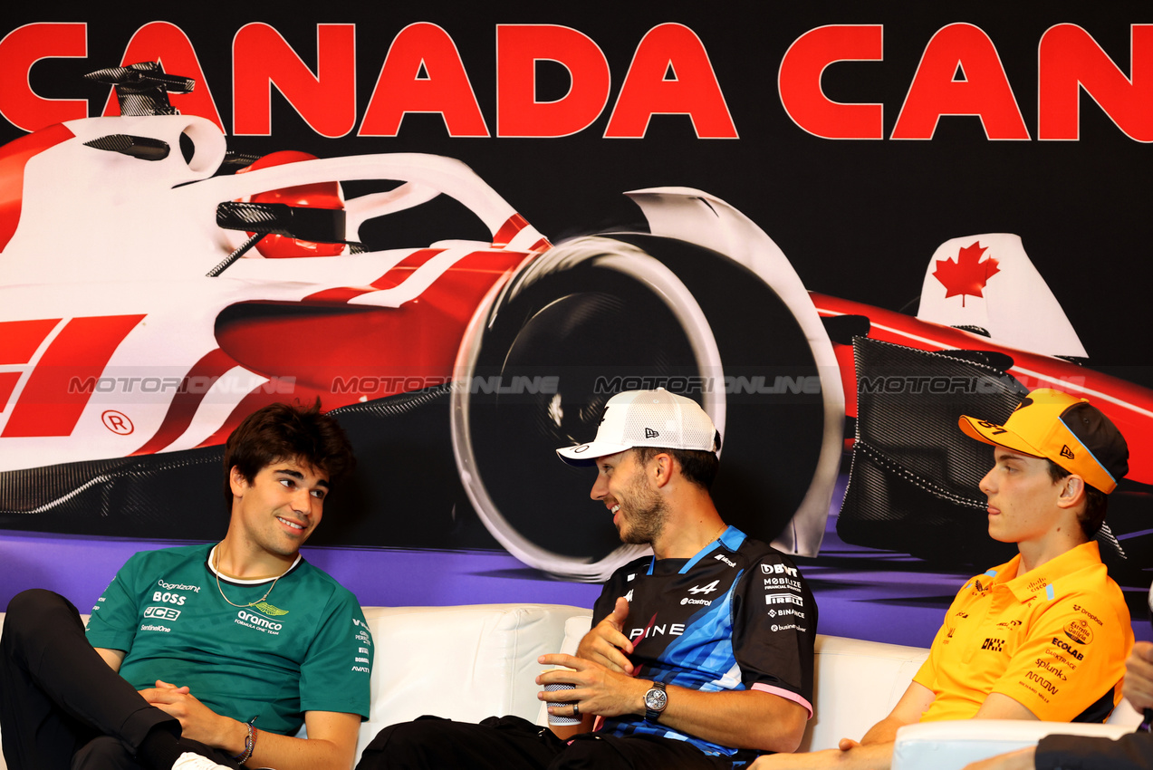 GP CANADA, (L to R): Lance Stroll (CDN) Aston Martin F1 Team; Pierre Gasly (FRA) Alpine F1 Team; e Oscar Piastri (AUS) McLaren in the FIA Press Conference.

06.06.2024. Formula 1 World Championship, Rd 9, Canadian Grand Prix, Montreal, Canada, Preparation Day.

- www.xpbimages.com, EMail: requests@xpbimages.com © Copyright: Bearne / XPB Images