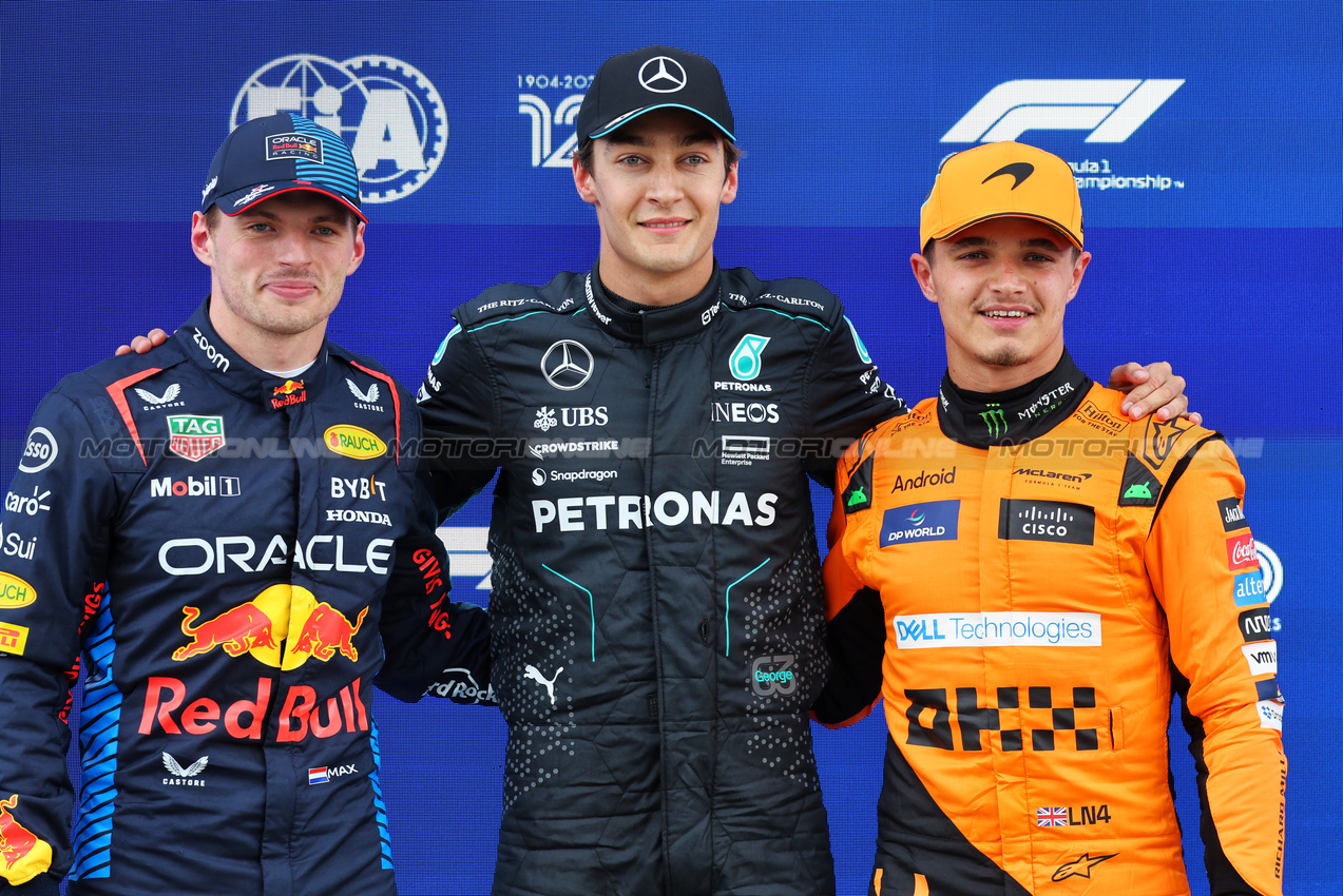 GP CANADA, Qualifiche top three in parc ferme (L to R): Max Verstappen (NLD) Red Bull Racing, second; George Russell (GBR) Mercedes AMG F1, pole position; Lando Norris (GBR) McLaren, third.

08.06.2024. Formula 1 World Championship, Rd 9, Canadian Grand Prix, Montreal, Canada, Qualifiche Day.

- www.xpbimages.com, EMail: requests@xpbimages.com © Copyright: Batchelor / XPB Images