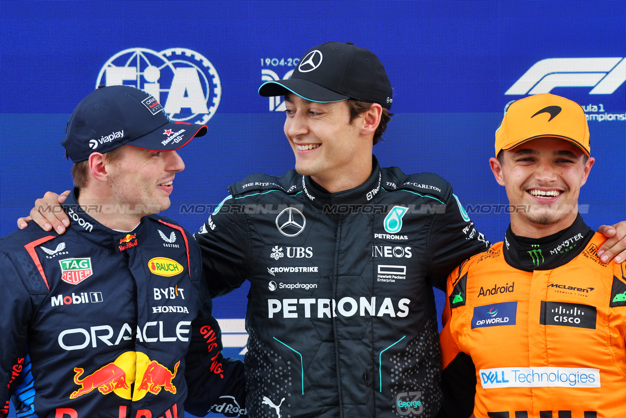 GP CANADA, Qualifiche top three in parc ferme (L to R): Max Verstappen (NLD) Red Bull Racing, second; George Russell (GBR) Mercedes AMG F1, pole position; Lando Norris (GBR) McLaren, third.

08.06.2024. Formula 1 World Championship, Rd 9, Canadian Grand Prix, Montreal, Canada, Qualifiche Day.

- www.xpbimages.com, EMail: requests@xpbimages.com © Copyright: Batchelor / XPB Images