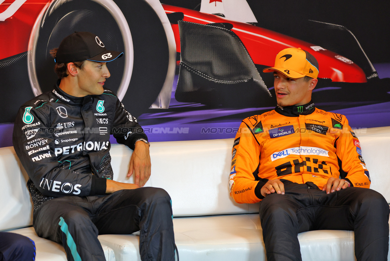 GP CANADA, (L to R): George Russell (GBR) Mercedes AMG F1 e Lando Norris (GBR) McLaren in the post qualifying FIA Press Conference.

08.06.2024. Formula 1 World Championship, Rd 9, Canadian Grand Prix, Montreal, Canada, Qualifiche Day.

- www.xpbimages.com, EMail: requests@xpbimages.com © Copyright: Batchelor / XPB Images