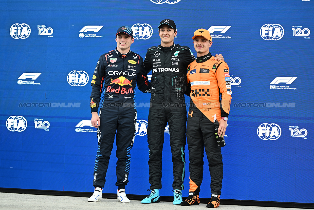 GP CANADA, Qualifiche top three in parc ferme (L to R): Max Verstappen (NLD) Red Bull Racing, second; George Russell (GBR) Mercedes AMG F1, pole position; Lando Norris (GBR) McLaren, third.

08.06.2024. Formula 1 World Championship, Rd 9, Canadian Grand Prix, Montreal, Canada, Qualifiche Day.

- www.xpbimages.com, EMail: requests@xpbimages.com © Copyright: Price / XPB Images