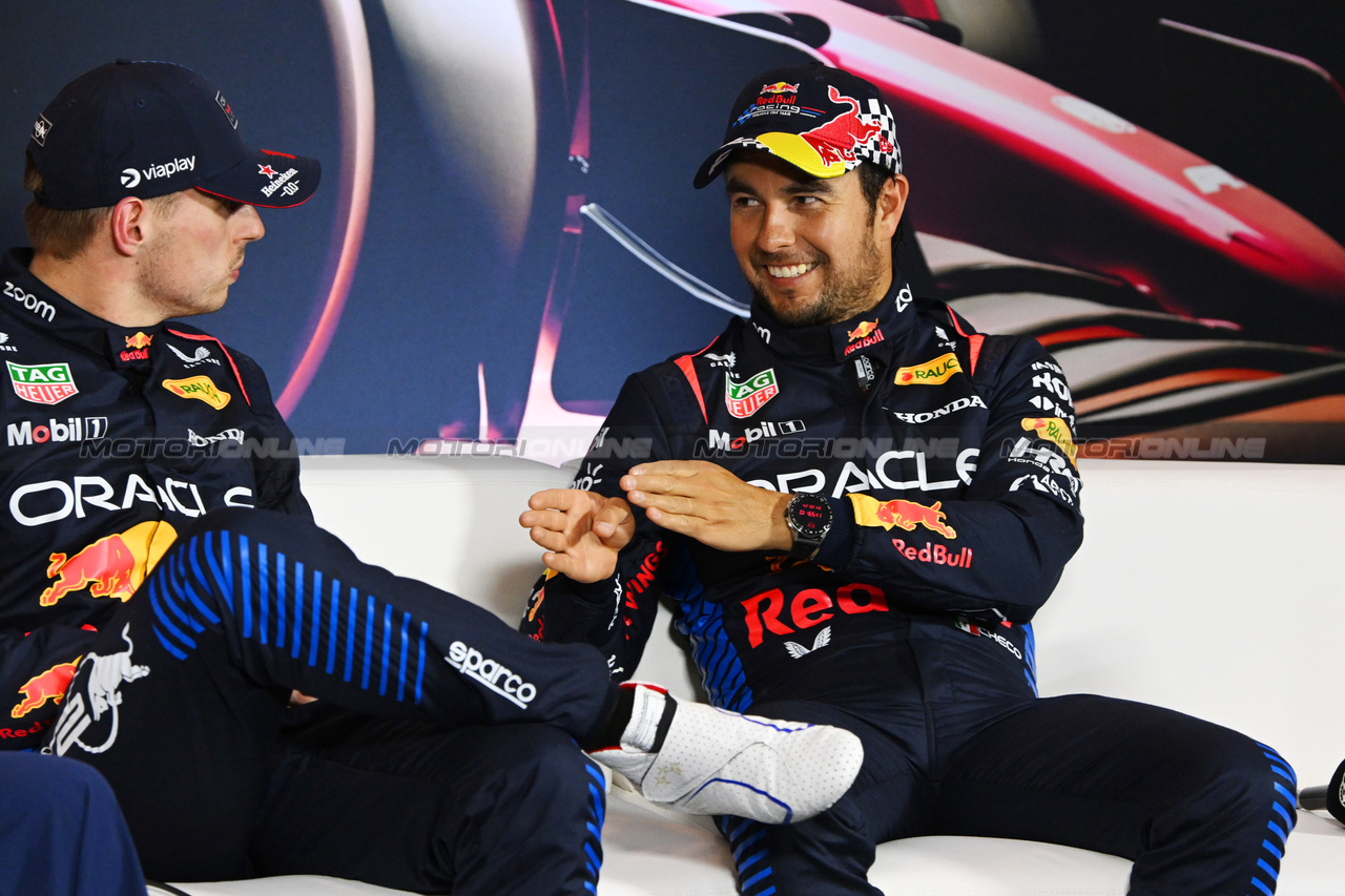 GP CINA, (L to R): Max Verstappen (NLD) Red Bull Racing e Sergio Perez (MEX) Red Bull Racing in the post Sprint FIA Press Conference.

- www.xpbimages.com, EMail: requests@xpbimages.com © Copyright: XPB Images