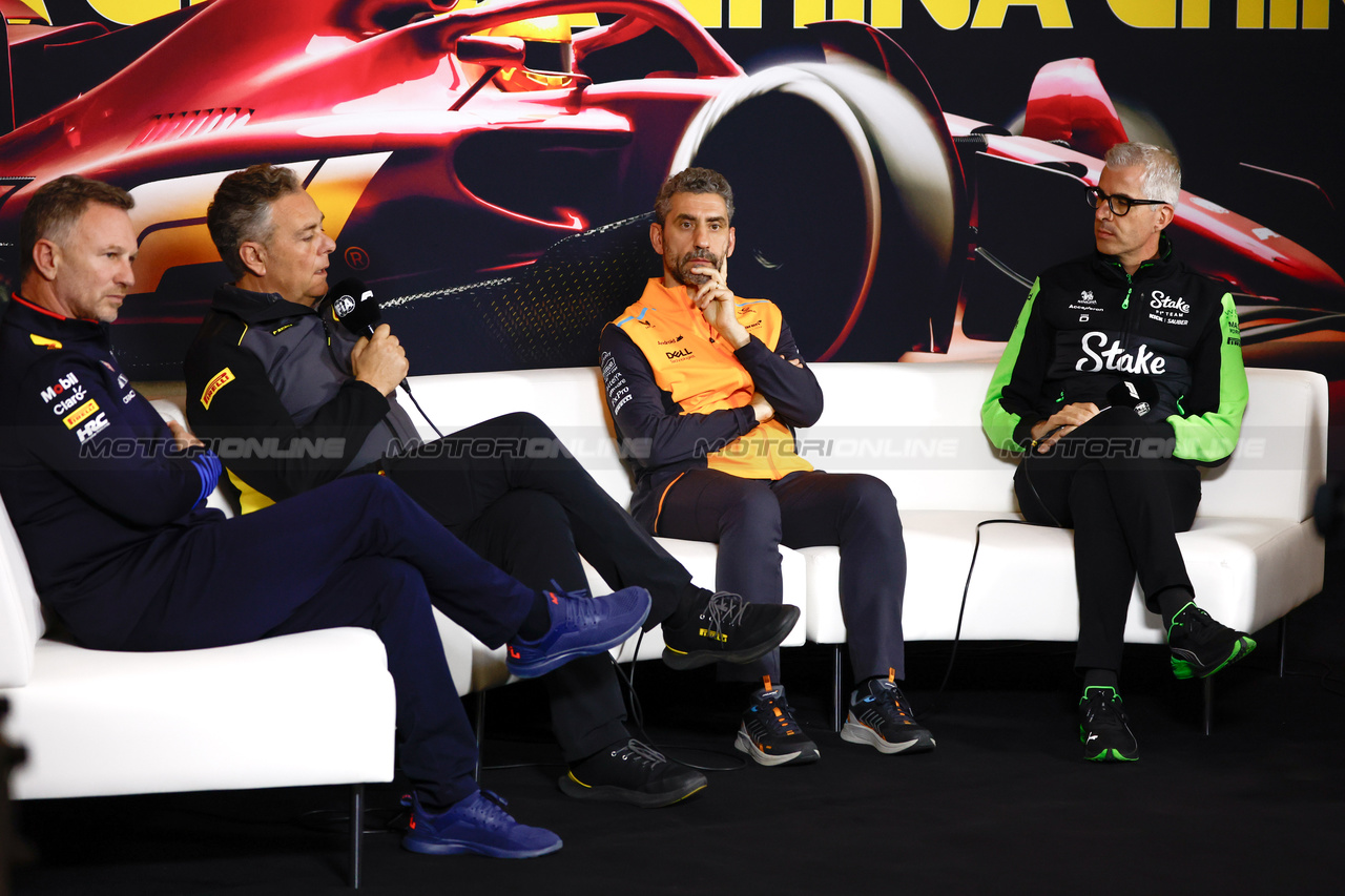 GP CINA, (L to R): Christian Horner (GBR) Red Bull Racing Team Principal; Mario Isola (ITA) Pirelli Racing Manager; Andrea Stella (ITA) McLaren Team Principal; e Alessandro Alunni Bravi (ITA) Sauber Managing Director e Team Representative, in the FIA Press Conference.

19.04.2024. Formula 1 World Championship, Rd 5, Chinese Grand Prix, Shanghai, China, Sprint Qualifiche Day.

- www.xpbimages.com, EMail: requests@xpbimages.com © Copyright: XPB Images