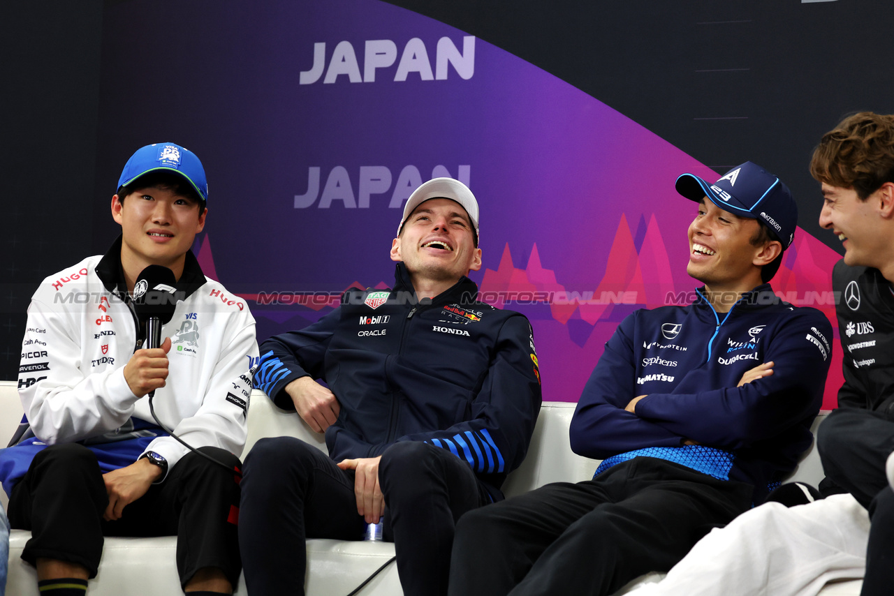 GP GIAPPONE, (L to R): Yuki Tsunoda (JPN) RB; Max Verstappen (NLD) Red Bull Racing; Alexander Albon (THA) Williams Racing; e George Russell (GBR) Mercedes AMG F1, in the FIA Press Conference.

04.04.2024. Formula 1 World Championship, Rd 4, Japanese Grand Prix, Suzuka, Japan, Preparation Day.

- www.xpbimages.com, EMail: requests@xpbimages.com © Copyright: Moy / XPB Images