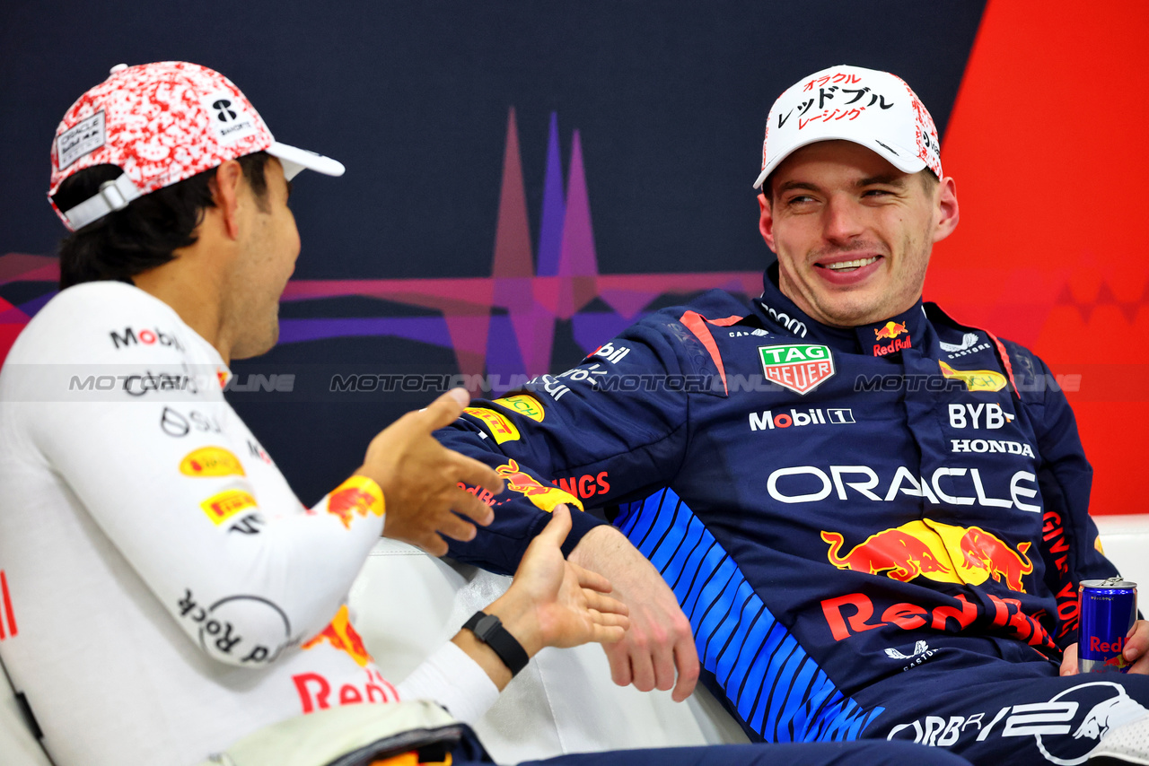 GP GIAPPONE, (L to R): Sergio Perez (MEX) Red Bull Racing e team mate Max Verstappen (NLD) Red Bull Racing in the post qualifying FIA Press Conference.

06.04.2024. Formula 1 World Championship, Rd 4, Japanese Grand Prix, Suzuka, Japan, Qualifiche Day.

- www.xpbimages.com, EMail: requests@xpbimages.com © Copyright: Batchelor / XPB Images