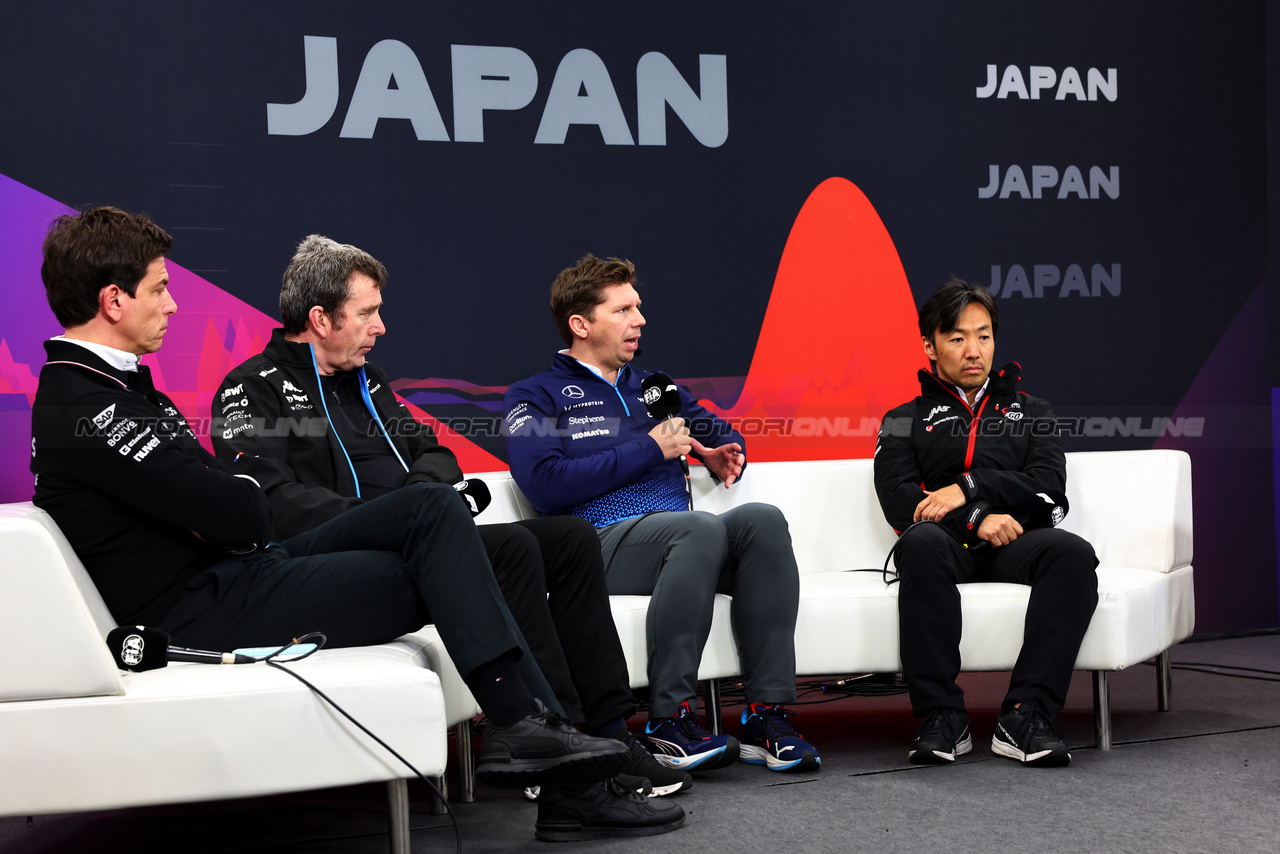 GP GIAPPONE, (L to R): Toto Wolff (GER) Mercedes AMG F1 Shareholder e Executive Director; Bruno Famin (FRA) Alpine Motorsports Vice President e Alpine F1 Team Team Principal; James Vowles (GBR) Williams Racing Team Principal; e Ayao Komatsu (JPN) Haas F1 Team Principal in the FIA Press Conference.

05.04.2024. Formula 1 World Championship, Rd 4, Japanese Grand Prix, Suzuka, Japan, Practice Day.

- www.xpbimages.com, EMail: requests@xpbimages.com © Copyright: Charniaux / XPB Images