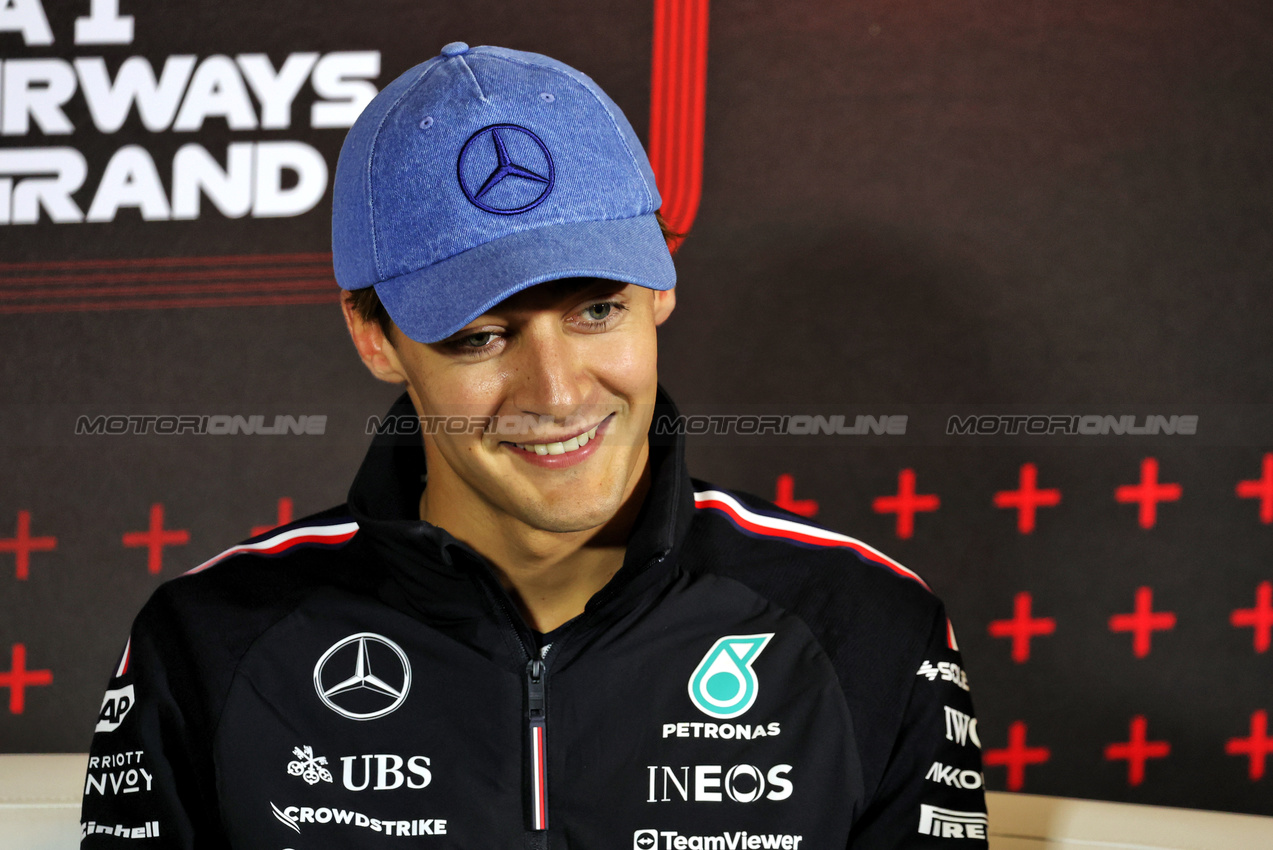GP GRAN BRETAGNA, George Russell (GBR) Mercedes AMG F1 in the FIA Press Conference.

04.07.2024. Formula 1 World Championship, Rd 12, British Grand Prix, Silverstone, England, Preparation Day.

- www.xpbimages.com, EMail: requests@xpbimages.com © Copyright: Bearne / XPB Images