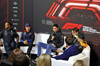 GP GRAN BRETAGNA, (L to R): Lewis Hamilton (GBR) Mercedes AMG F1; Sergio Perez (MEX) Red Bull Racing; Esteban Ocon (FRA) Alpine F1 Team; George Russell (GBR) Mercedes AMG F1; e Lando Norris (GBR) McLaren, in the FIA Press Conference.

04.07.2024. Formula 1 World Championship, Rd 12, British Grand Prix, Silverstone, England, Preparation Day.

- www.xpbimages.com, EMail: requests@xpbimages.com © Copyright: Bearne / XPB Images