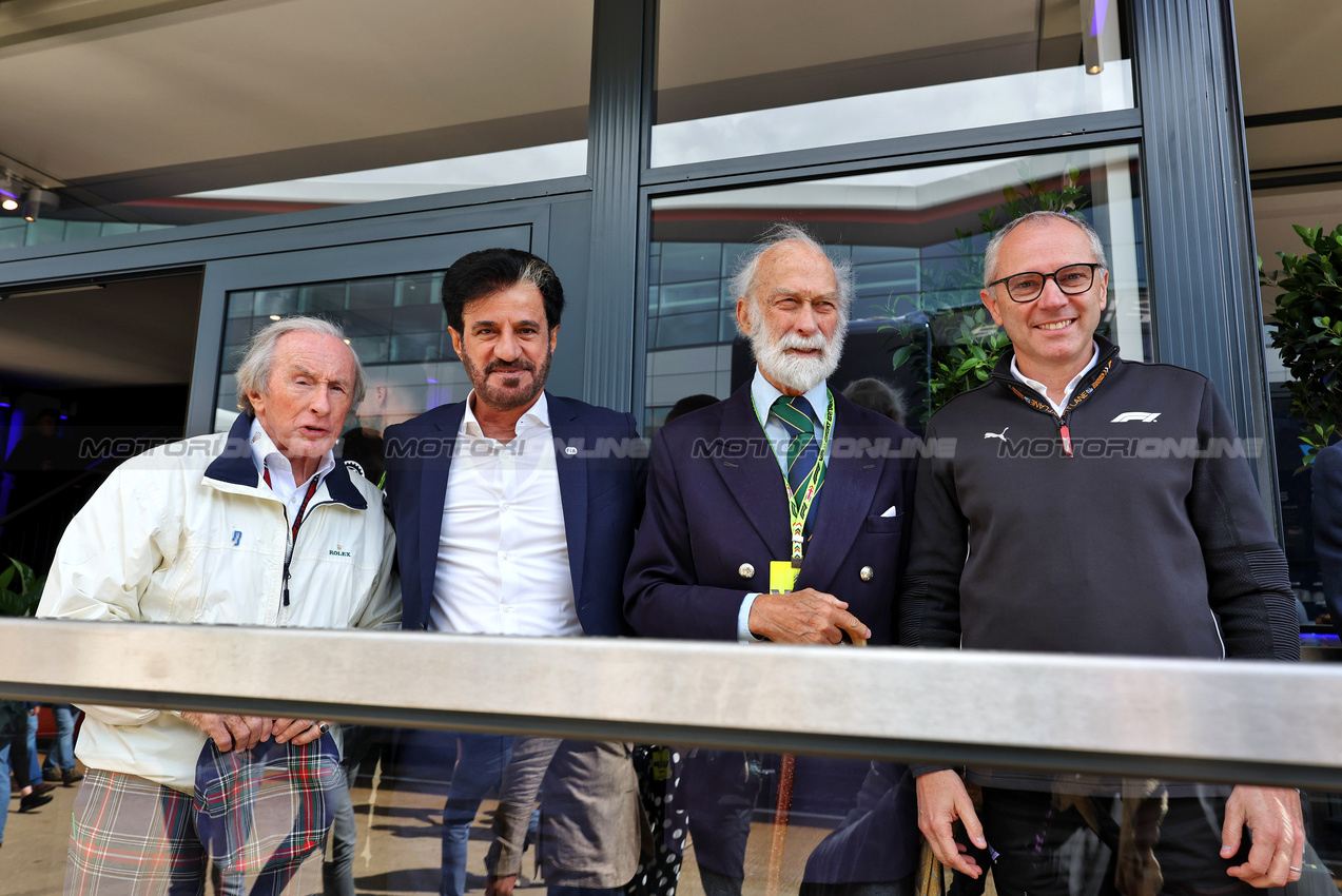 GP GRAN BRETAGNA, (L to R): Jackie Stewart (GBR); Mohammed Bin Sulayem (UAE) FIA President; HRH Prince Michael of Kent (GBR); Stefano Domenicali (ITA) Formula One President e CEO.

06.07.2024. Formula 1 World Championship, Rd 12, British Grand Prix, Silverstone, England, Qualifiche Day.

- www.xpbimages.com, EMail: requests@xpbimages.com © Copyright: Moy / XPB Images