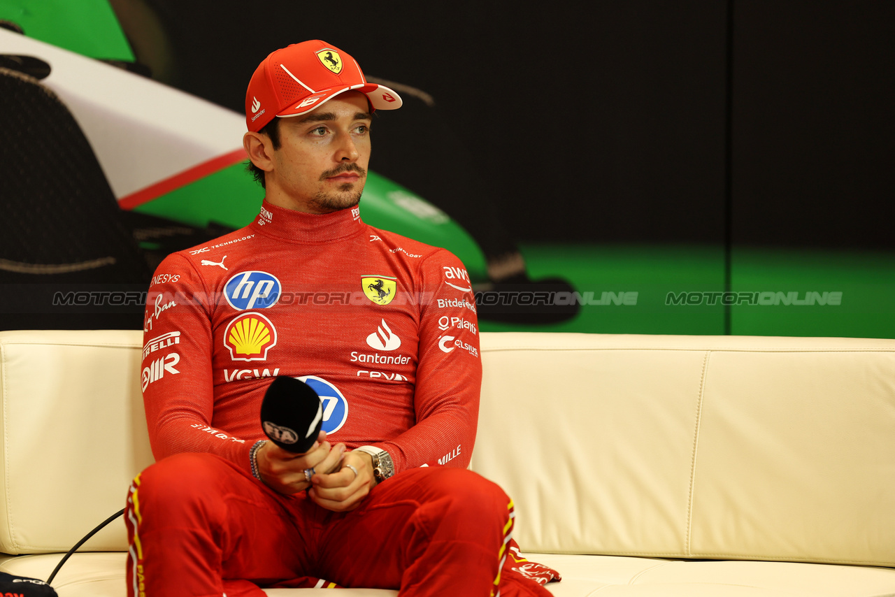 GP IMOLA, Charles Leclerc (MON) Ferrari in the post race FIA Press Conference.

19.05.2024. Formula 1 World Championship, Rd 7, Emilia Romagna Grand Prix, Imola, Italy, Gara Day.

 - www.xpbimages.com, EMail: requests@xpbimages.com © Copyright: Staley / XPB Images