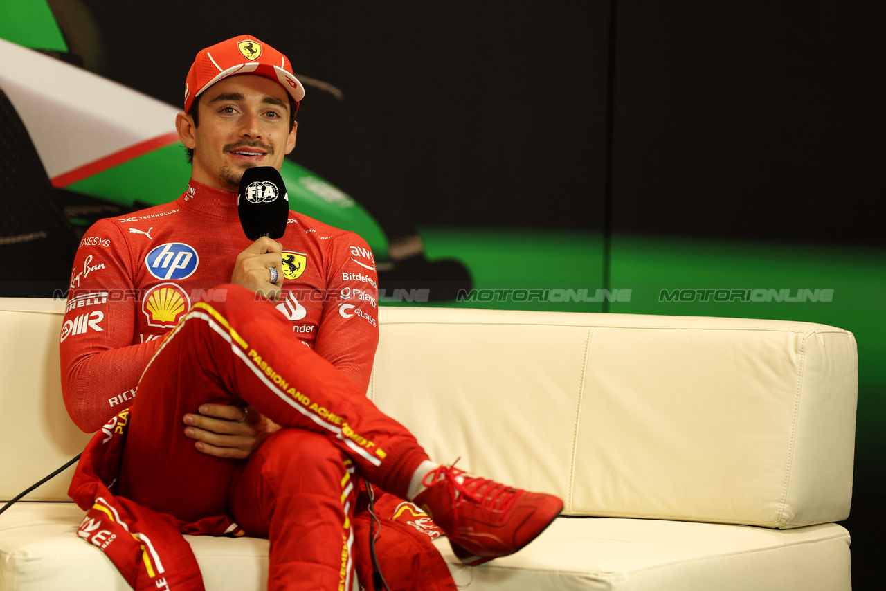 GP IMOLA, Charles Leclerc (MON) Ferrari in the post race FIA Press Conference.

19.05.2024. Formula 1 World Championship, Rd 7, Emilia Romagna Grand Prix, Imola, Italy, Gara Day.

 - www.xpbimages.com, EMail: requests@xpbimages.com © Copyright: Staley / XPB Images