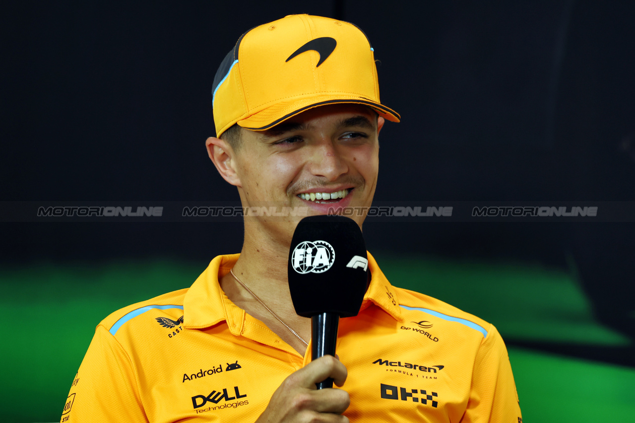 GP IMOLA, Lando Norris (GBR) McLaren in the FIA Press Conference.

16.05.2024. Formula 1 World Championship, Rd 7, Emilia Romagna Grand Prix, Imola, Italy, Preparation Day.

 - www.xpbimages.com, EMail: requests@xpbimages.com © Copyright: Staley / XPB Images