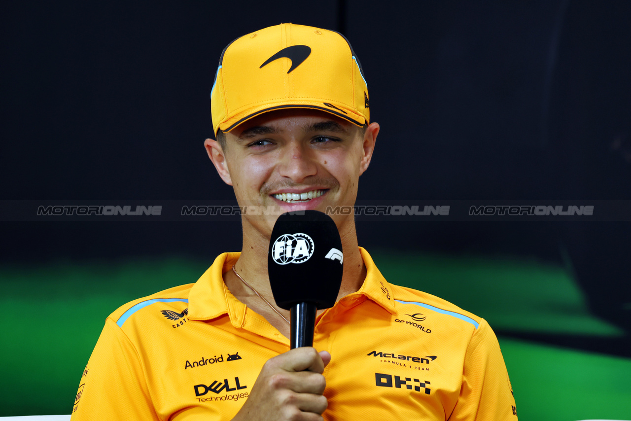 GP IMOLA, Lando Norris (GBR) McLaren in the FIA Press Conference.

16.05.2024. Formula 1 World Championship, Rd 7, Emilia Romagna Grand Prix, Imola, Italy, Preparation Day.

 - www.xpbimages.com, EMail: requests@xpbimages.com © Copyright: Staley / XPB Images