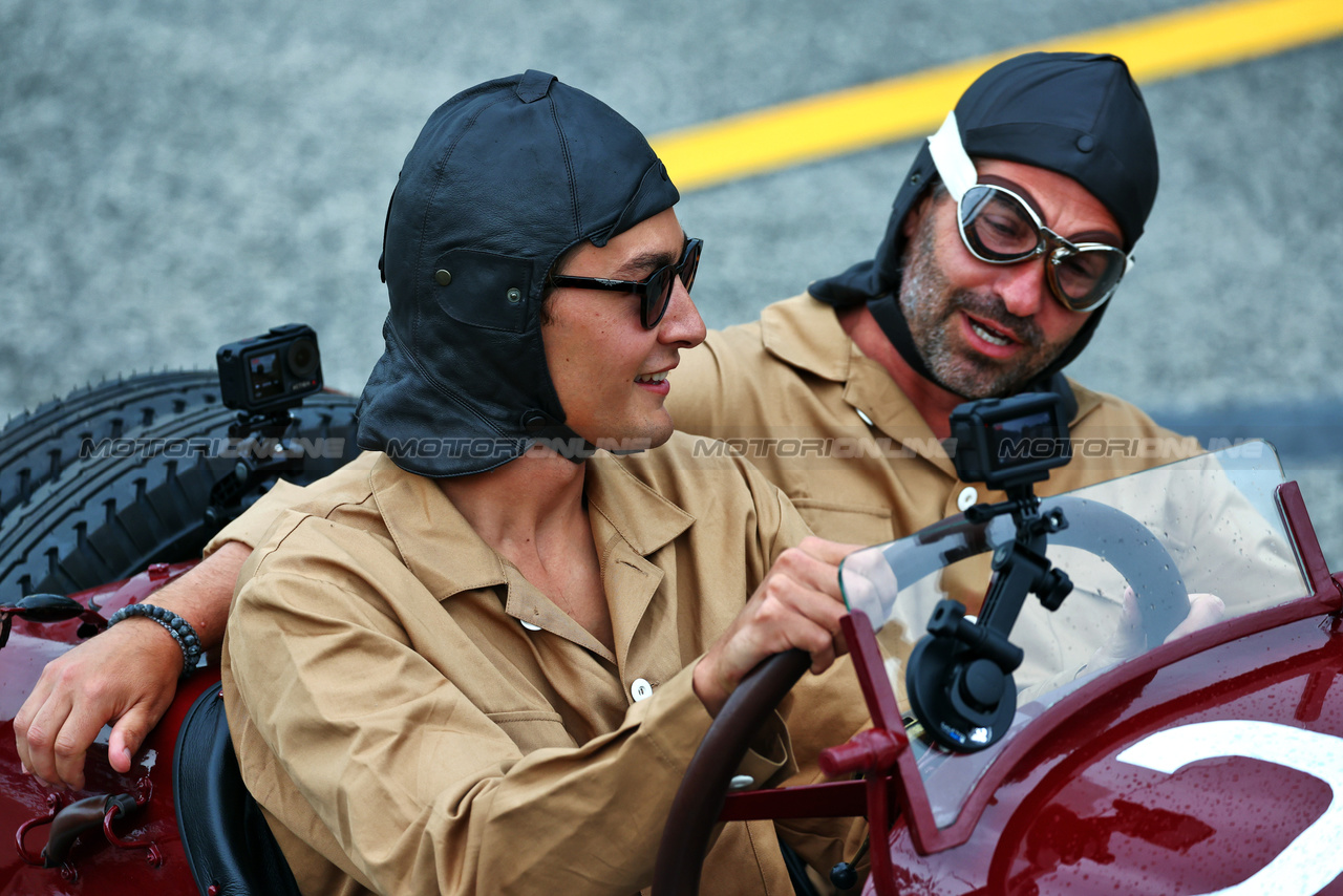 GP IMOLA, George Russell (GBR) Mercedes AMG F1 e Timo Glock (GER) in vintage race overalls in a 1924 Targa Florio Mercedes racing car.

16.05.2024. Formula 1 World Championship, Rd 7, Emilia Romagna Grand Prix, Imola, Italy, Preparation Day.

 - www.xpbimages.com, EMail: requests@xpbimages.com © Copyright: Coates / XPB Images