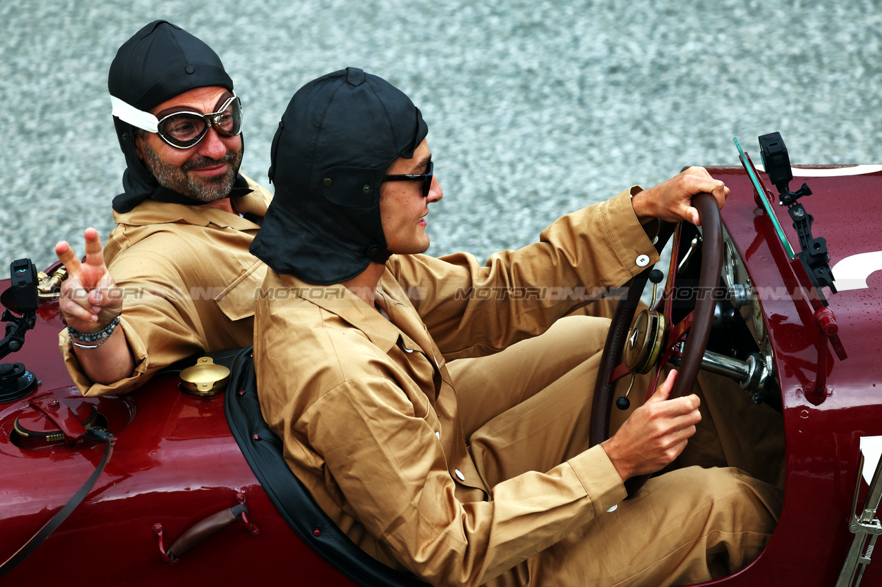 GP IMOLA, George Russell (GBR) Mercedes AMG F1 e Timo Glock (GER) in vintage race overalls in a 1924 Targa Florio Mercedes racing car.

16.05.2024. Formula 1 World Championship, Rd 7, Emilia Romagna Grand Prix, Imola, Italy, Preparation Day.

 - www.xpbimages.com, EMail: requests@xpbimages.com © Copyright: Coates / XPB Images