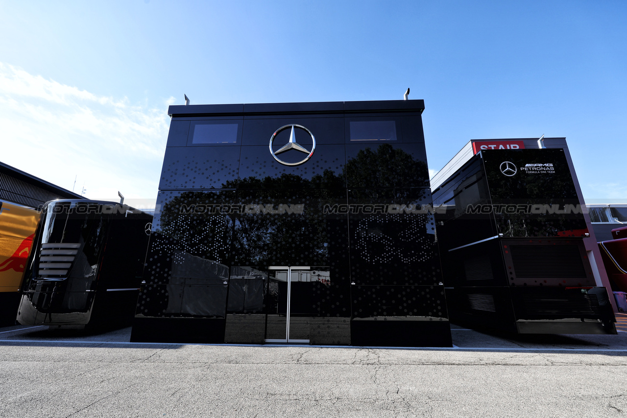 GP IMOLA, Mercedes AMG F1 trucks in the paddock.

17.05.2024. Formula 1 World Championship, Rd 7, Emilia Romagna Grand Prix, Imola, Italy, Practice Day.

 - www.xpbimages.com, EMail: requests@xpbimages.com © Copyright: Staley / XPB Images