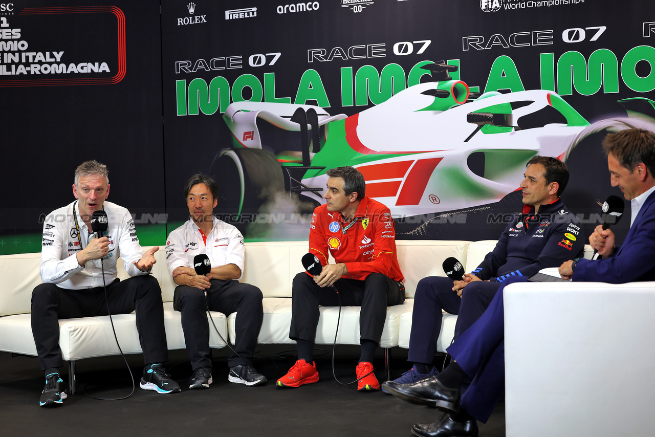 GP IMOLA, (L to R): James Allison (GBR) Mercedes AMG F1 Technical Director; Ayao Komatsu (JPN) Haas F1 Team Principal; Enrico Gualtieri (ITA) Ferrari Technical Director of Power Unit; e Pierre Wache (FRA) Red Bull Racing Technical Director, in the FIA Press Conference.

17.05.2024. Formula 1 World Championship, Rd 7, Emilia Romagna Grand Prix, Imola, Italy, Practice Day.

 - www.xpbimages.com, EMail: requests@xpbimages.com © Copyright: Staley / XPB Images